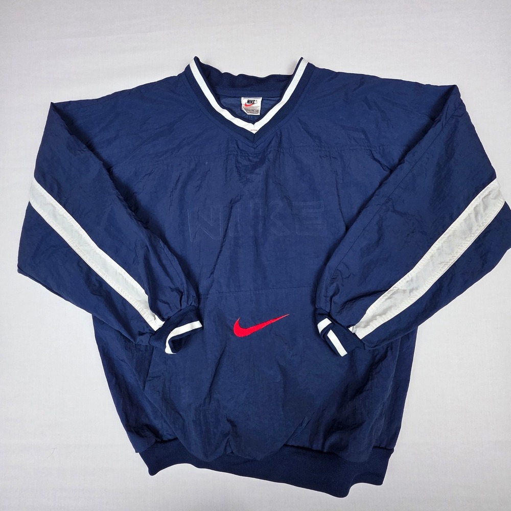 Nike V-Neck Windbreaker Pullover‎ Womens XL Blue Embroidered Swoosh Nylon